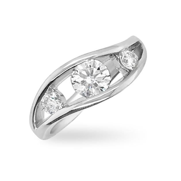 Flame design 3 x round brilliant cut diamond ring on white gold band
