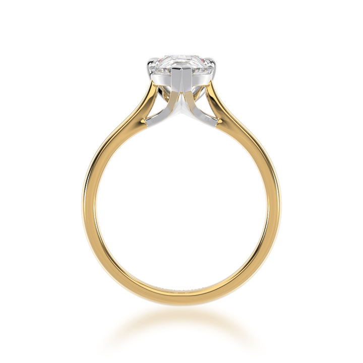 Pear shaped diamond solitaire ring on yellow gold band view from front 