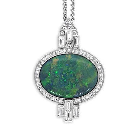 Art Deco Inspired natural black opal and diamond pendant