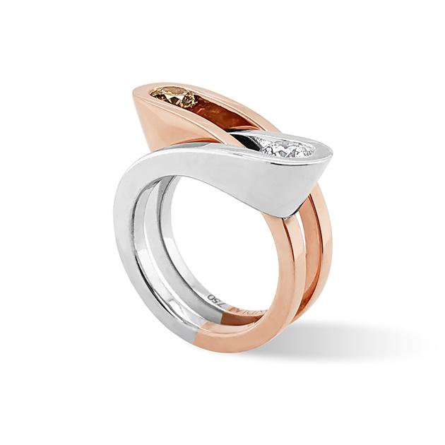 Double retro design round brilliant cut diamond ring on rose and white gold band