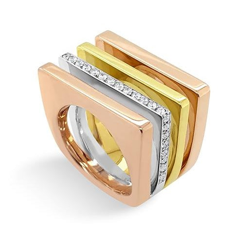 Horizon design diamond ring in three colour gold view from angle