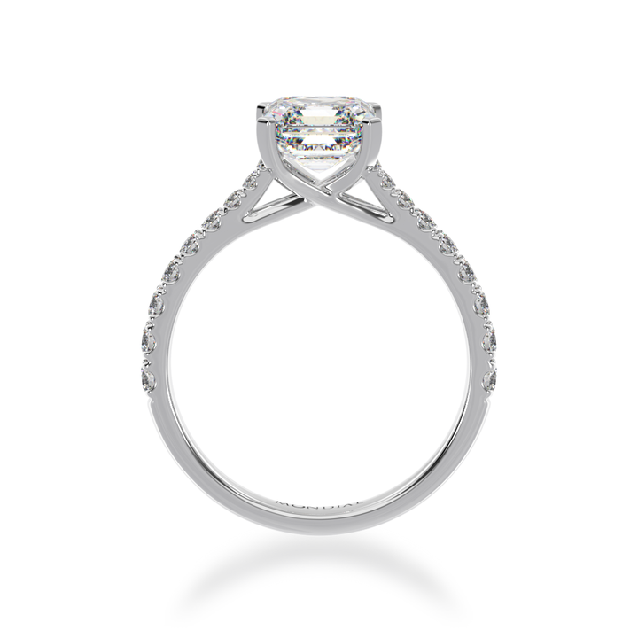 Asscher cut diamond solitaire with a diamond set white gold band from front
