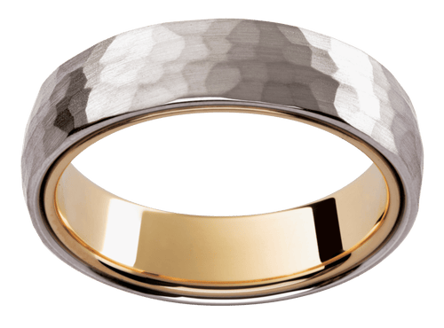 Mens 18ct hammered white and yellow gold wedding ring