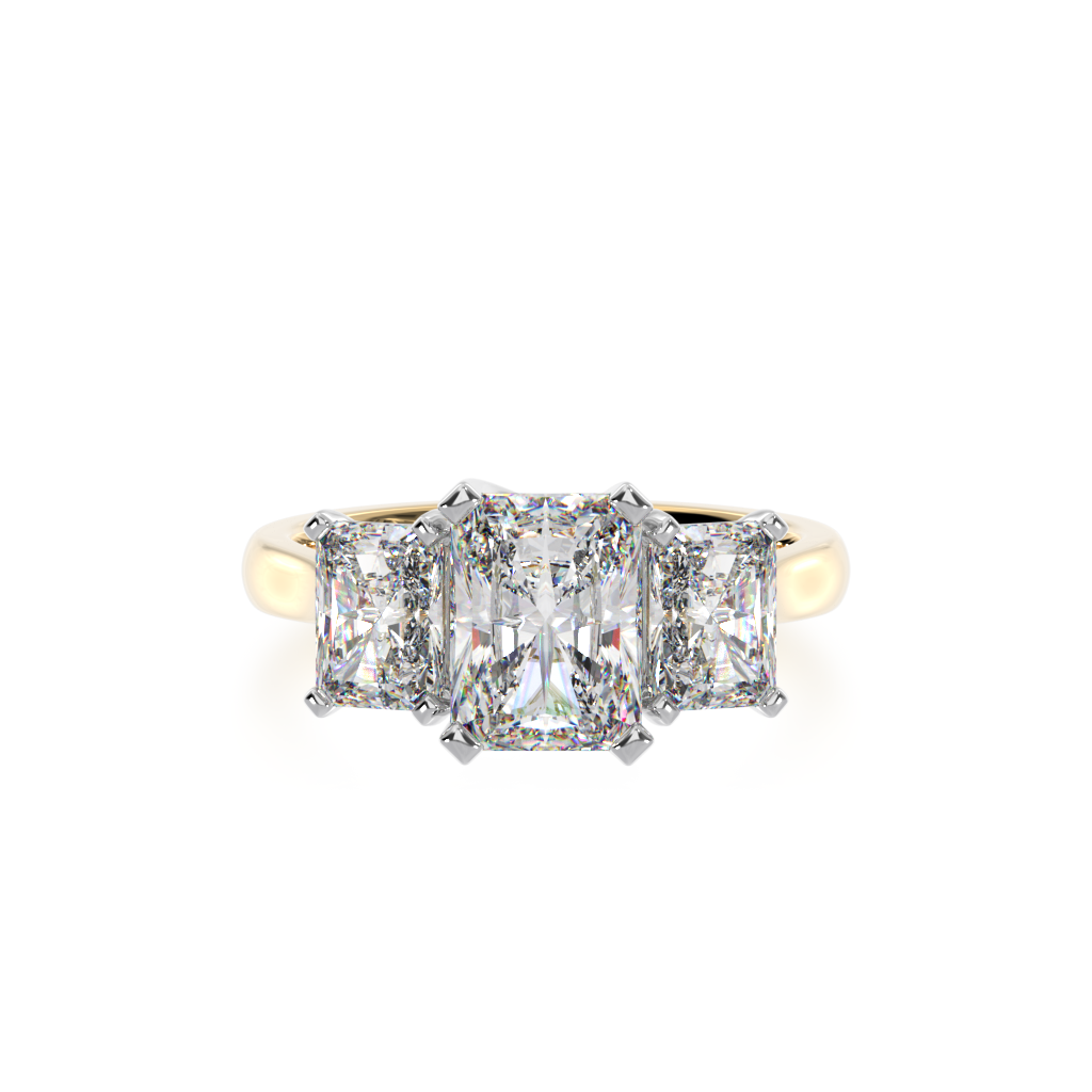 Trilogy radiant cut diamond ring on yellow gold band – Mondial by
