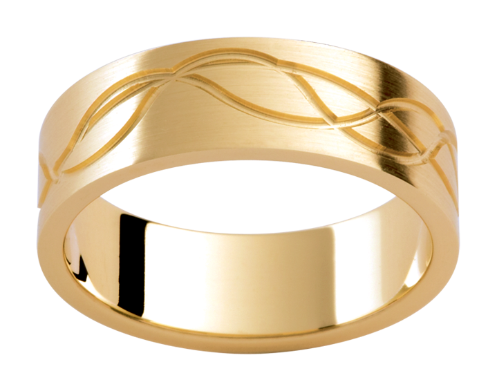 Mens 18ct patterned yellow gold wedding ring