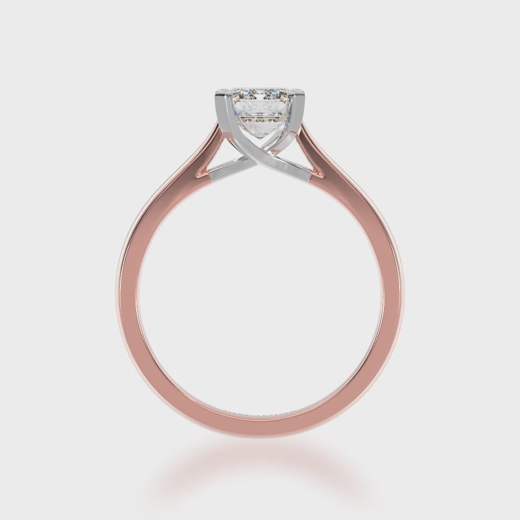 Emerald cut solitaire diamond ring on rose gold band 3d video