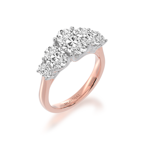 The Mondial by Nadia five stone oval diamond ring on a rose gold band view on angle.