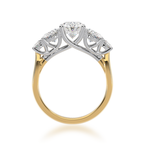 The Mondial by Nadia five stone oval diamond engagement ring on a yellow gold band from front.