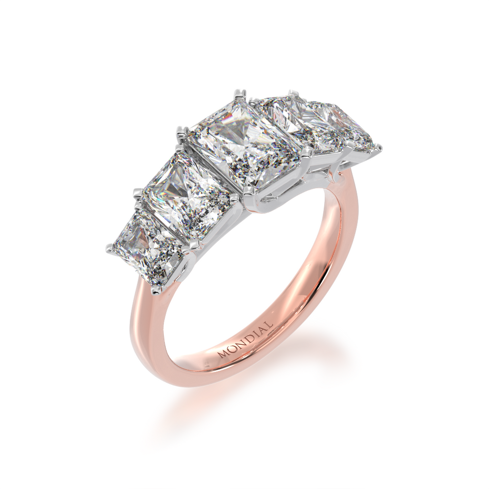 Five stone radiant cut diamond ring on a rose gold band view from angle