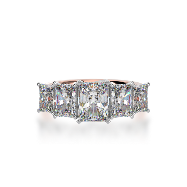 Five stone radiant cut diamond ring on a rose gold band view from top