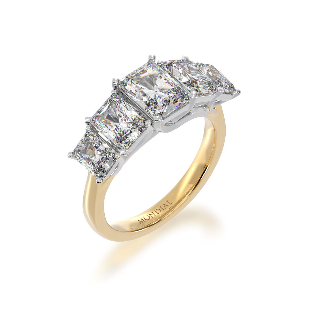 Five stone radiant cut diamond ring on a yellow gold band view from angle