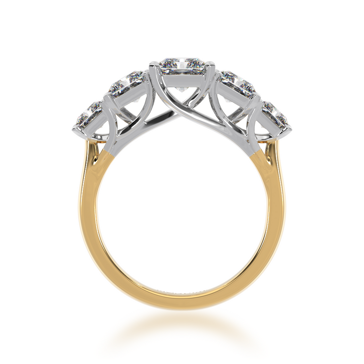 Five stone radiant cut diamond ring on a yellow gold band view from front