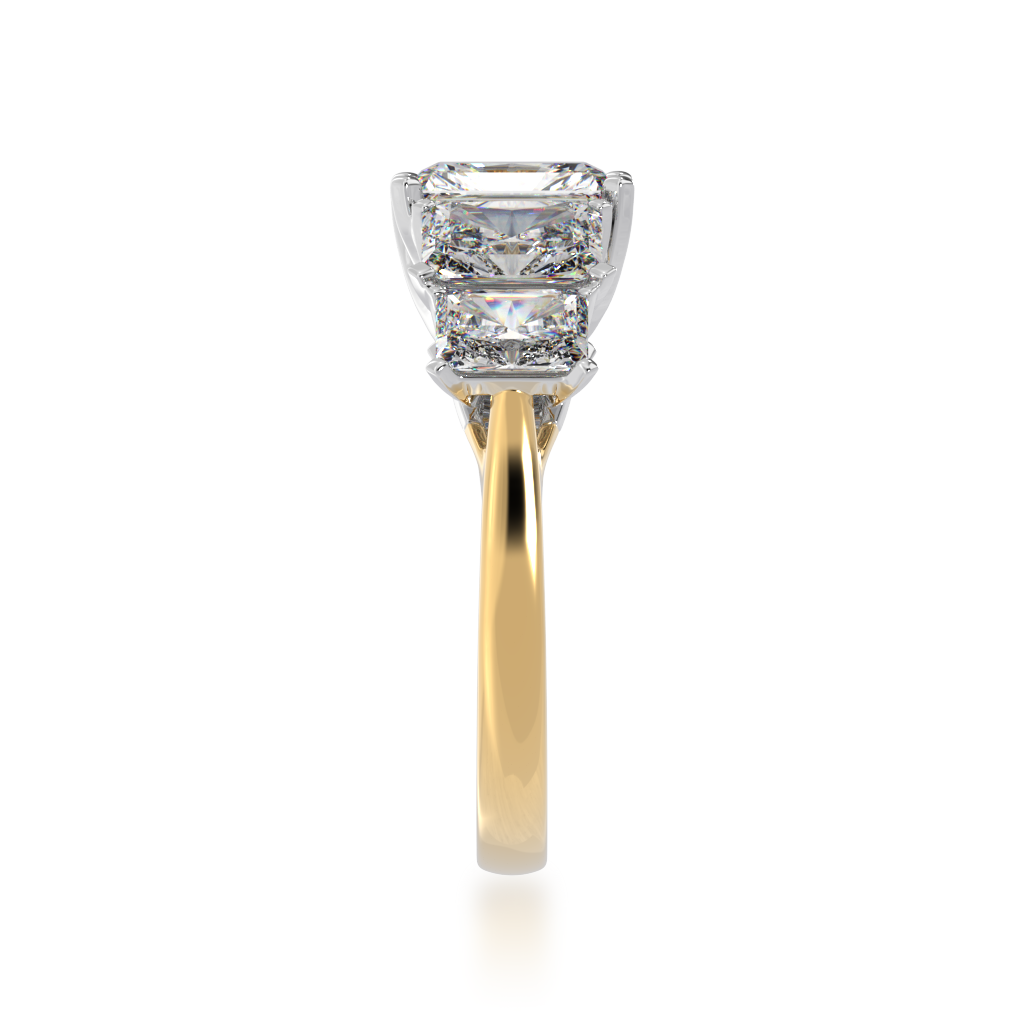 Five stone radiant cut diamond ring on a yellow gold band view from side