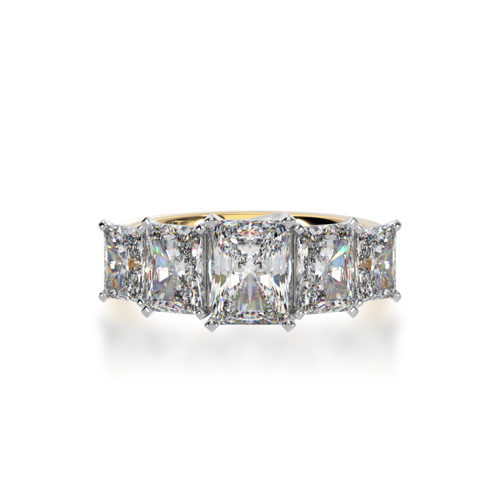 Five stone radiant cut diamond ring on a yellow gold band view from top