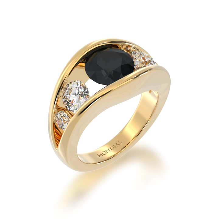 Flame design black Sapphire and Diamond five stone ring in yellow gold view from angle 