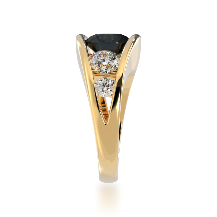 Flame design black Sapphire and Diamond five stone ring in yellow gold view from side 
