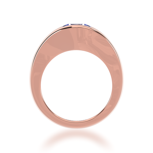 The Mondial by Nadia Flame design blue sapphire engagement ring with diamonds in rose gold view from front.