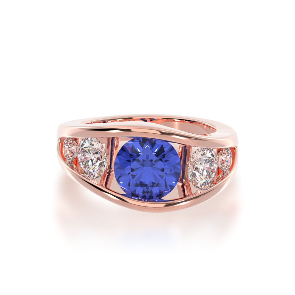 Flame design blue sapphire and diamond five stone ring in rose gold view from top