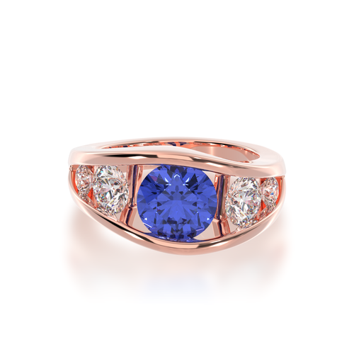 The Mondial by Nadia Flame design blue sapphire engagement ring with diamond five stone ring in rose gold view from top.