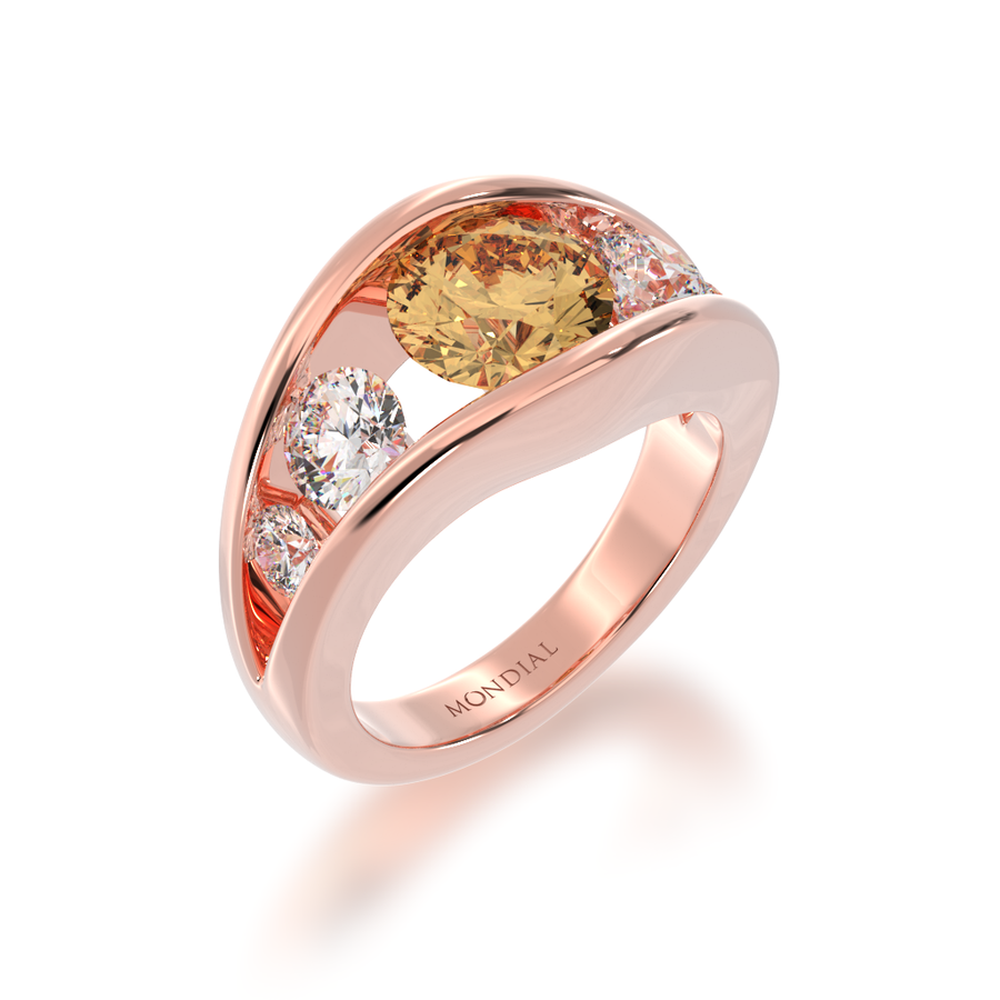 Flame design round brilliant cut champagne and diamond five stone ring in rose gold view from angle 
