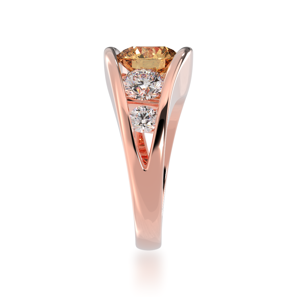 Flame design round brilliant cut champagne and diamond five stone ring in rose gold view from side 