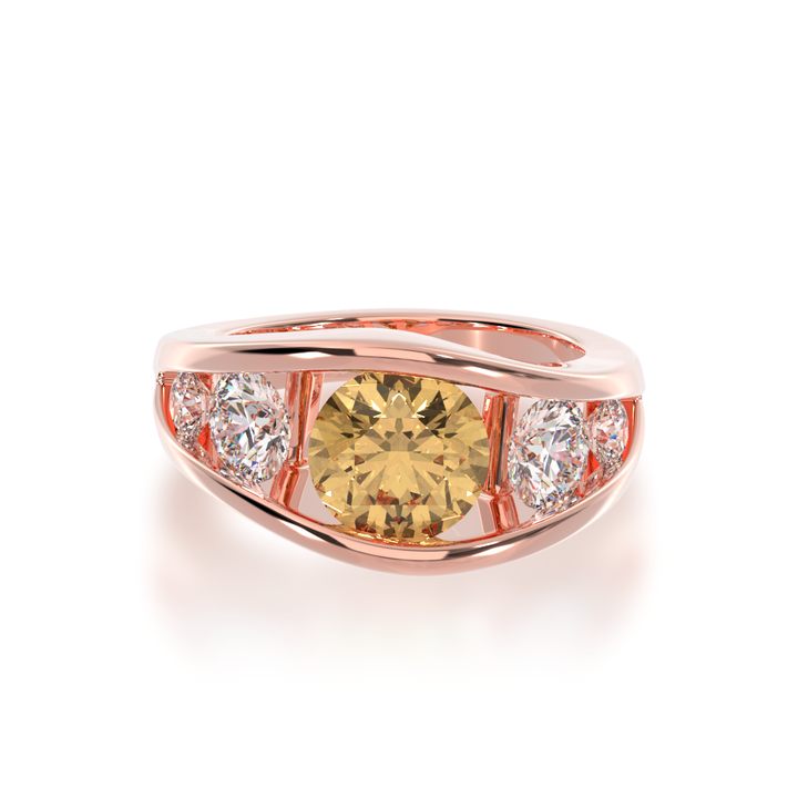 Flame design round brilliant cut champagne and diamond five stone ring in rose gold view from top