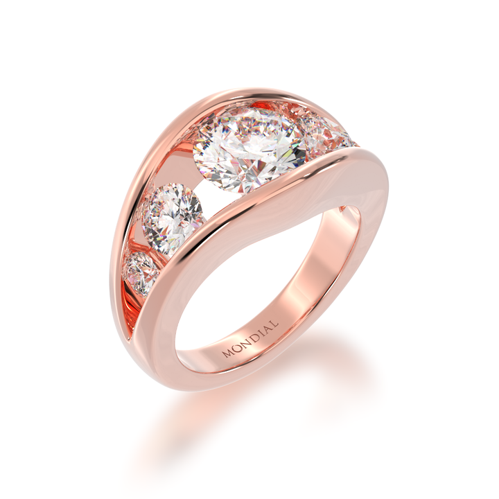 Flame design round brilliant cut diamond five stone ring in rose gold view from angle 