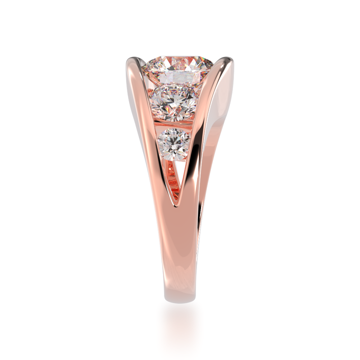 Flame design round brilliant cut diamond five stone ring in rose gold view from side 
