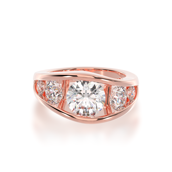Flame design round brilliant cut diamond five stone ring in rose gold view from top
