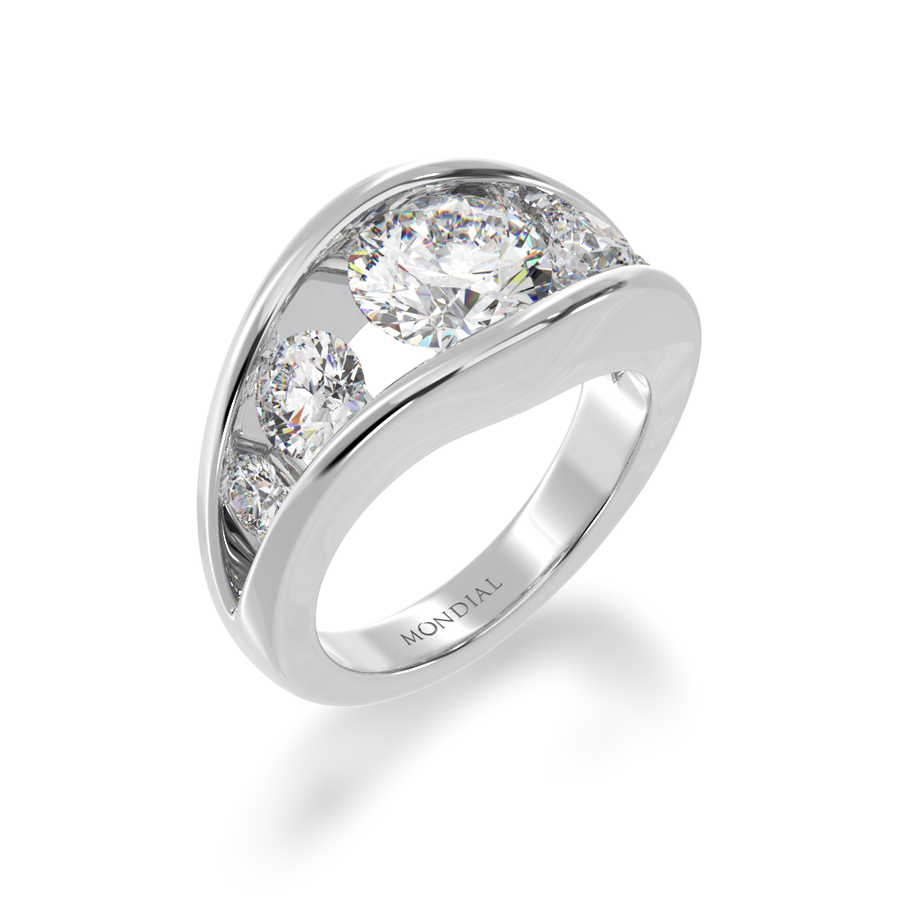 Flame design round brilliant cut diamond five stone ring in white gold view from angle 