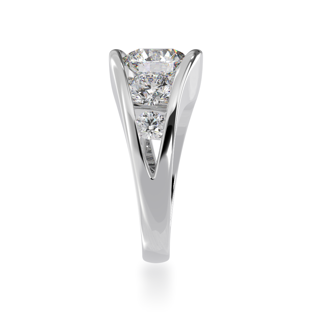 Flame design round brilliant cut diamond five stone ring in white gold view from side 