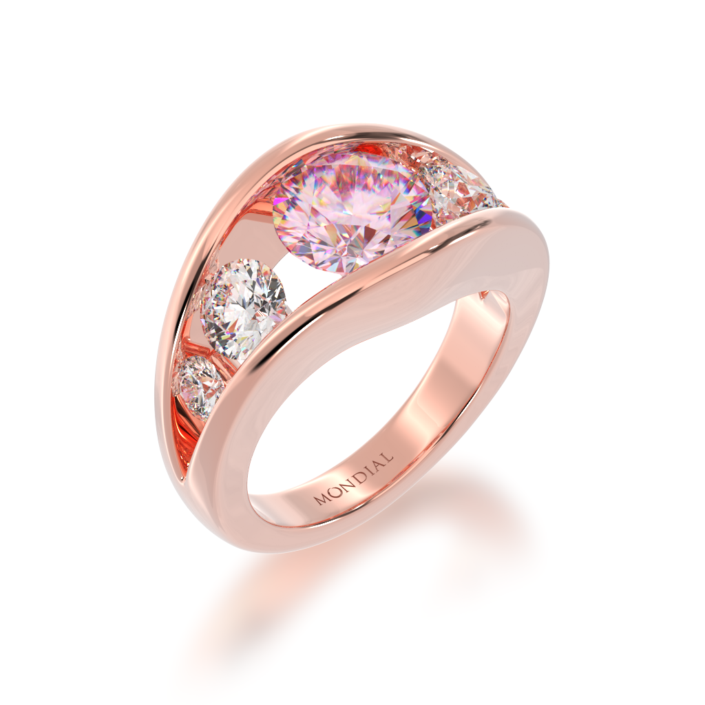 Flame design round brilliant cut pink sapphire and diamond five stone ring in rose gold view from angle 