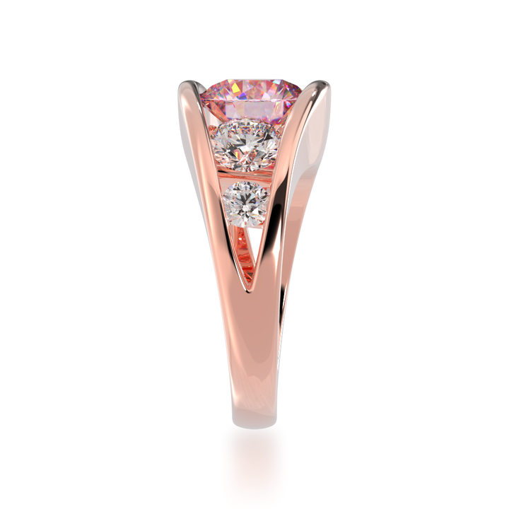 Flame design round brilliant cut pink sapphire and diamond five stone ring in rose gold view from side 