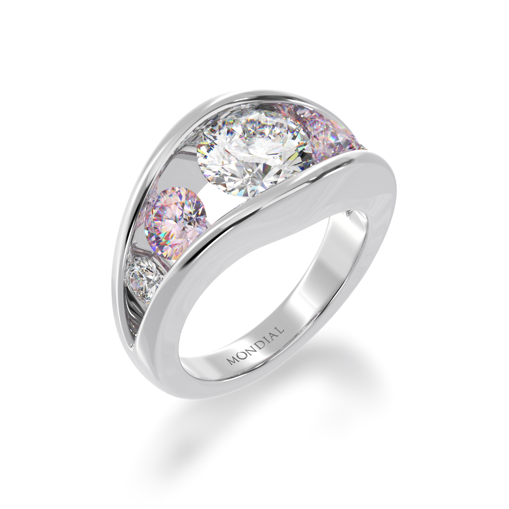 Flame design round brilliant cut diamond and pink sapphire five stone ring in white gold view from angle 
