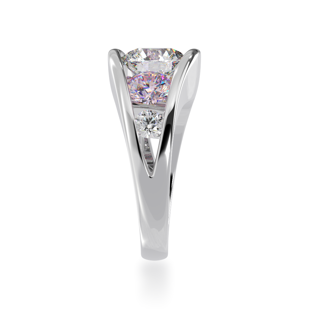 Flame design round brilliant cut diamond and pink sapphire five stone ring in white gold view from side 