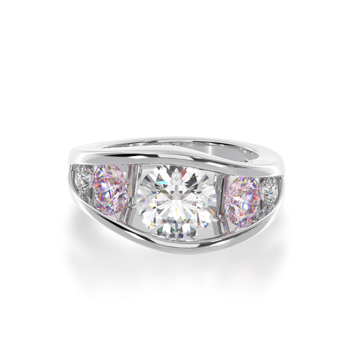 Flame design round brilliant cut diamond and pink sapphire five stone ring in white gold view from top