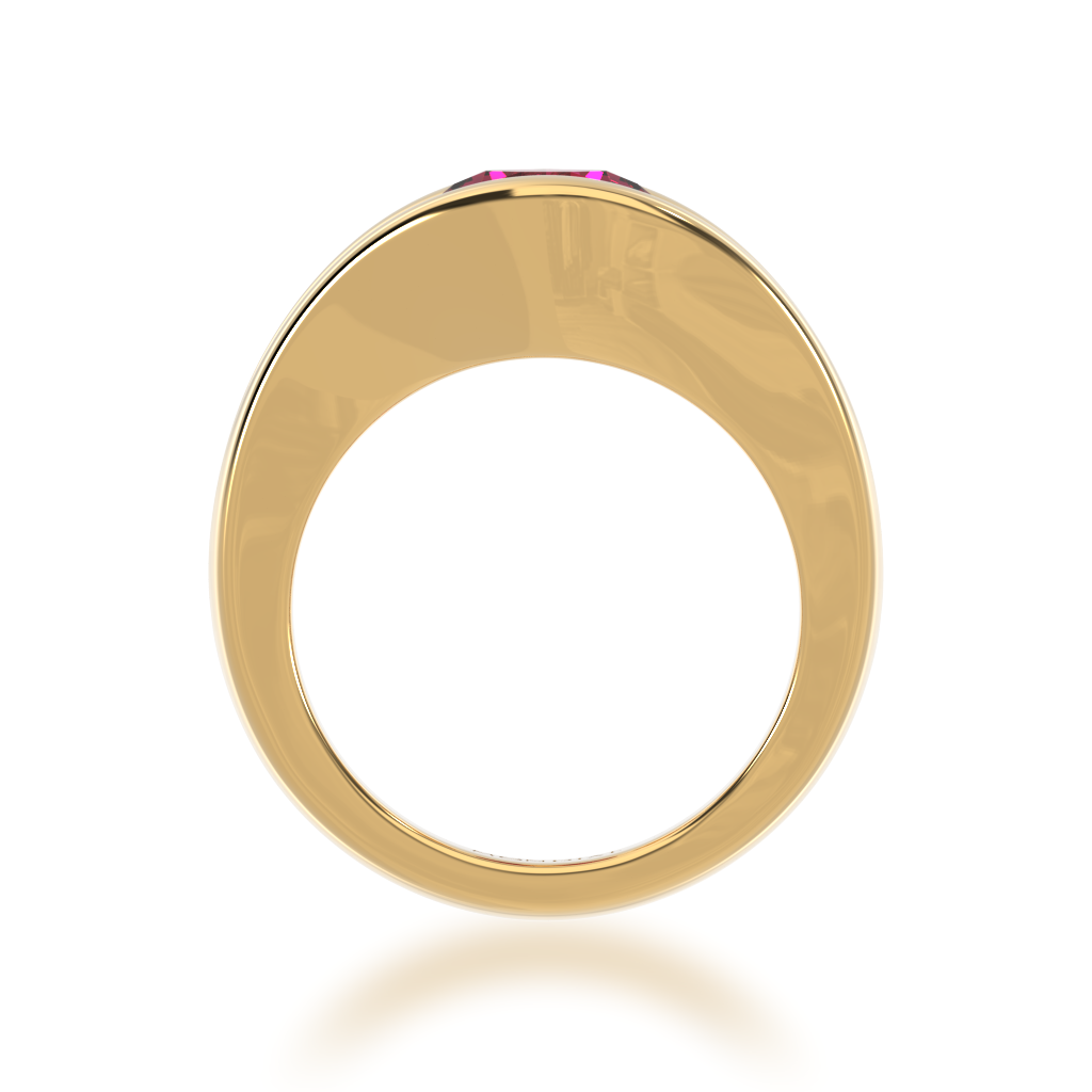 Flame design round brilliant cut ruby and diamond five stone ring in yellow gold view from front 