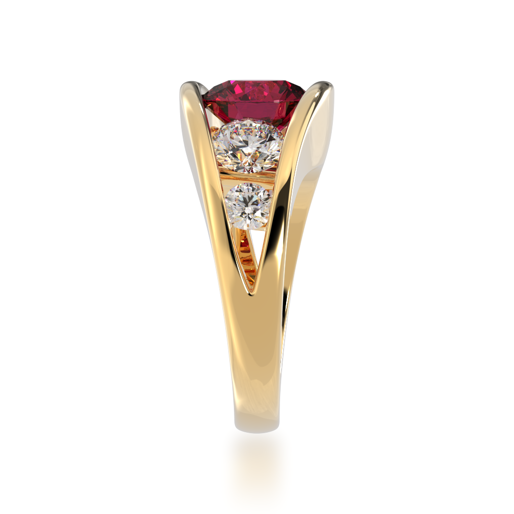 Flame design round brilliant cut ruby and diamond five stone ring in yellow gold view from side 