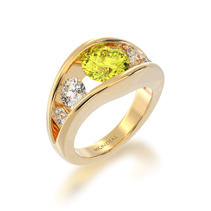 Flame design round brilliant cut yellow sapphire and diamond five stone ring in yellow gold view from angle 