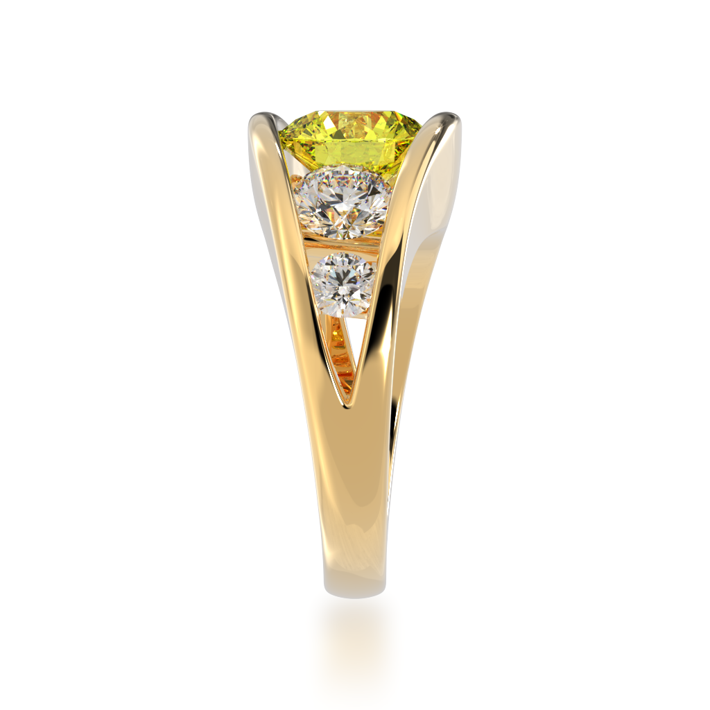 Flame design round brilliant cut yellow sapphire and diamond five stone ring in yellow gold view from side 