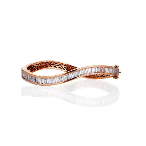 Argyle Pink and white diamond baguette wave bangle in rose gold from our Lumière collection