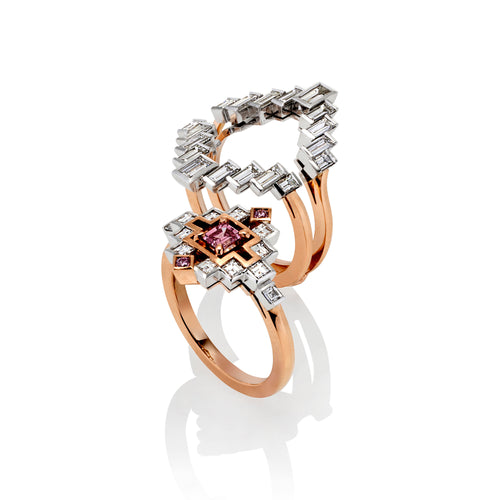 Argyle Pink and white diamond baguette ring with detachable skirt from our Lumière collection