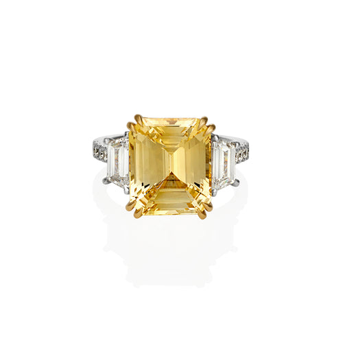 Emerald cut yellow sapphire and trapezoid diamond ring