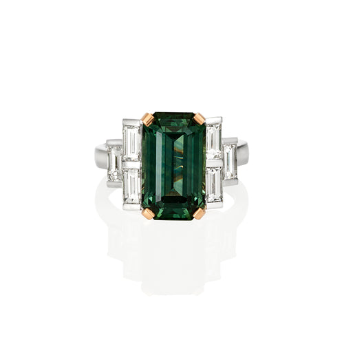 Emerald cut green Australian Sapphire and baguette diamond ring