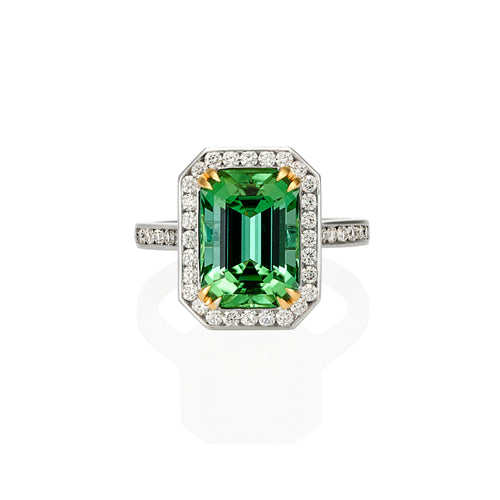 Emerald cut Mint blue/green tourmaline and diamond ring