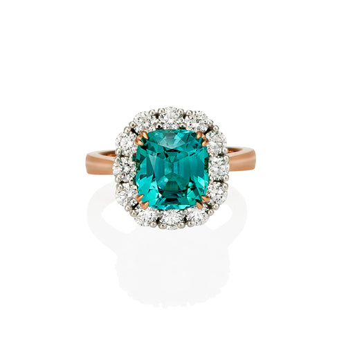 Cushion Cut Blue Lagoon Tourmaline and diamond ring