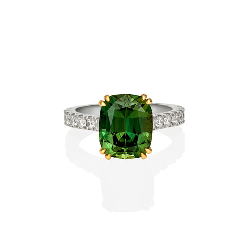 Cushion cut Green Australian parti sapphire and diamond ring