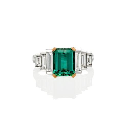 Emerald cut blue/green tourmaline and baguette diamond ring