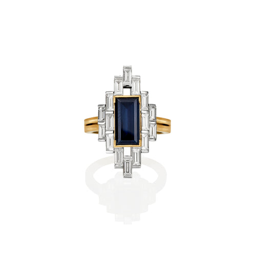 Baguette cut blue/black Australian Sapphire and baguette diamond manhattan ring