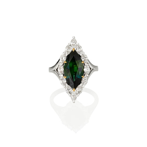 Marquise cut deep green Australian sapphire and diamond ring